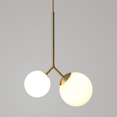 Modern Dual-head Brass Hanging Pendant Lamp with Opaline Glass Shades