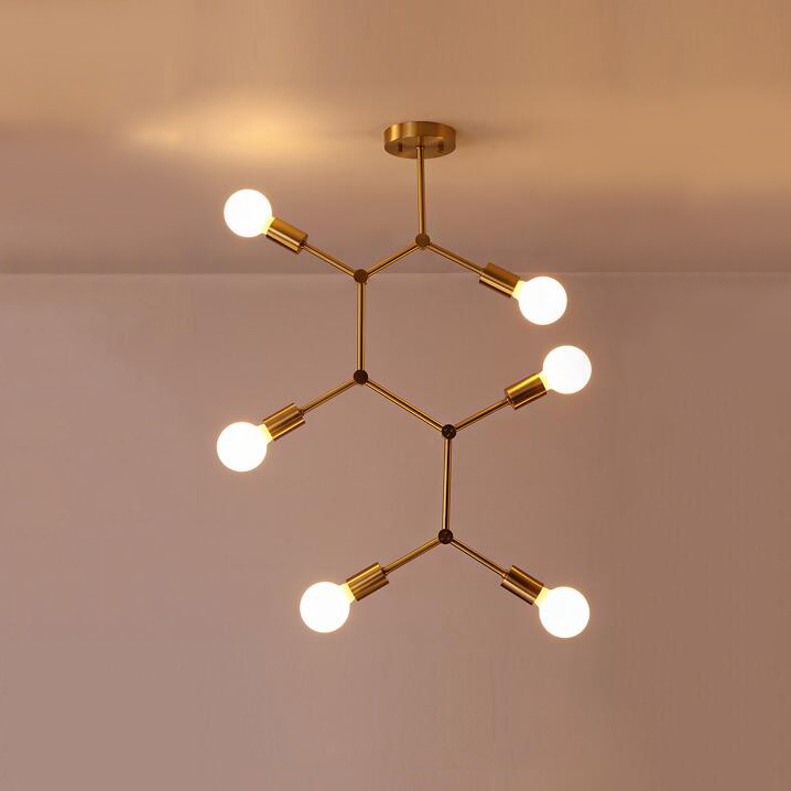Modern 6 Light Branching Ceiling Lamp in Brass