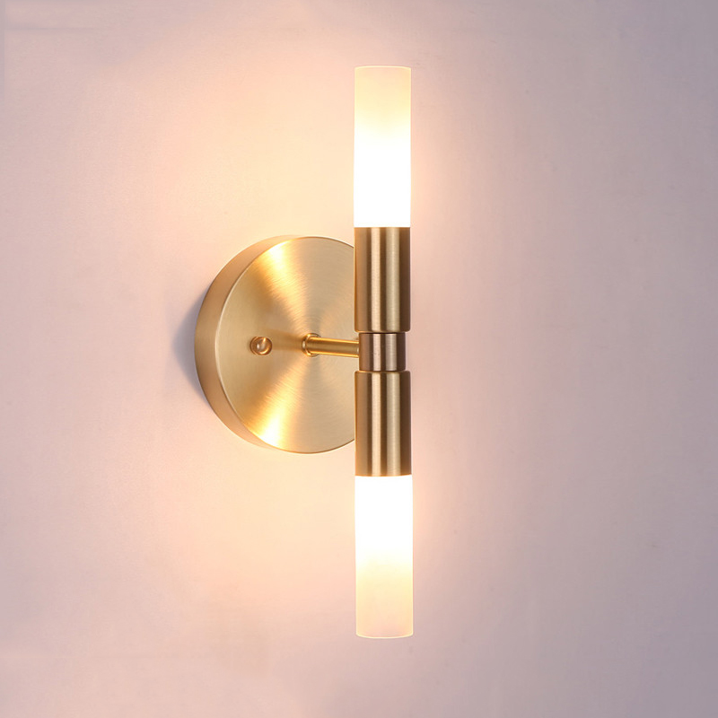 2 Light Brass Wall Lamp with Cylindrical Glass Shade
