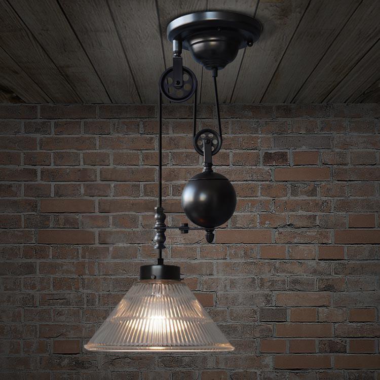 Bennet Ribbed Glass Shade Pulley Pendant Light